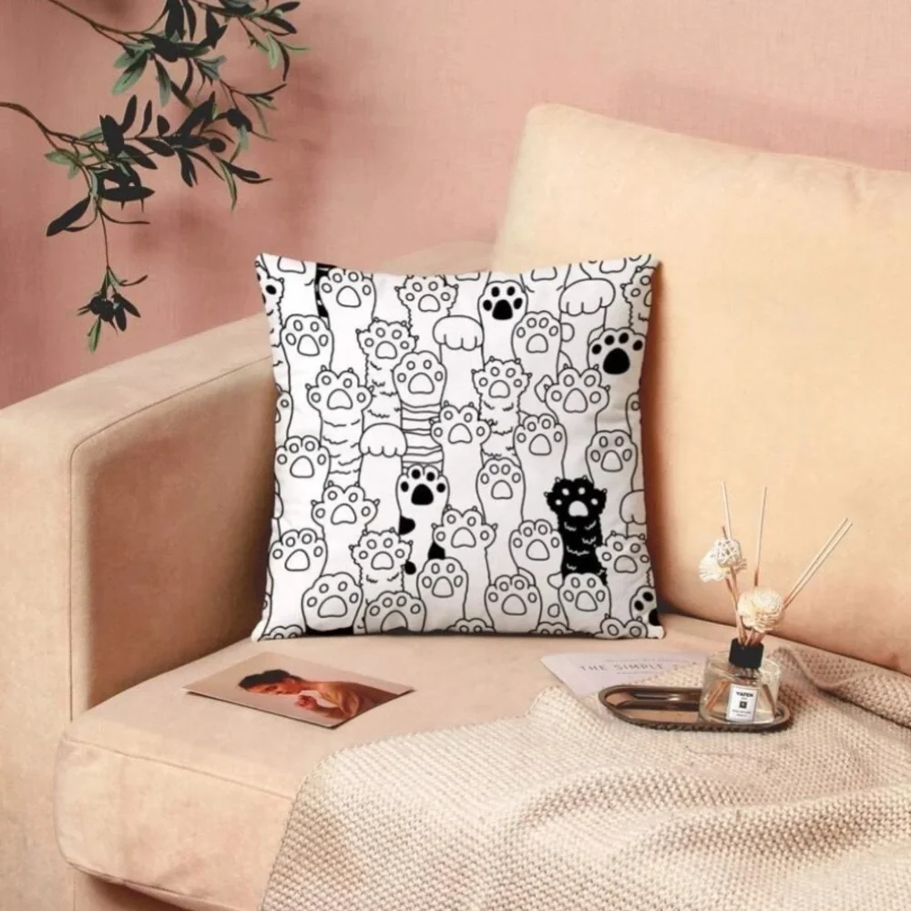 Pillow Cover Cat Paw Print Zip Closure Deco Large Black White Square 17.7 inch